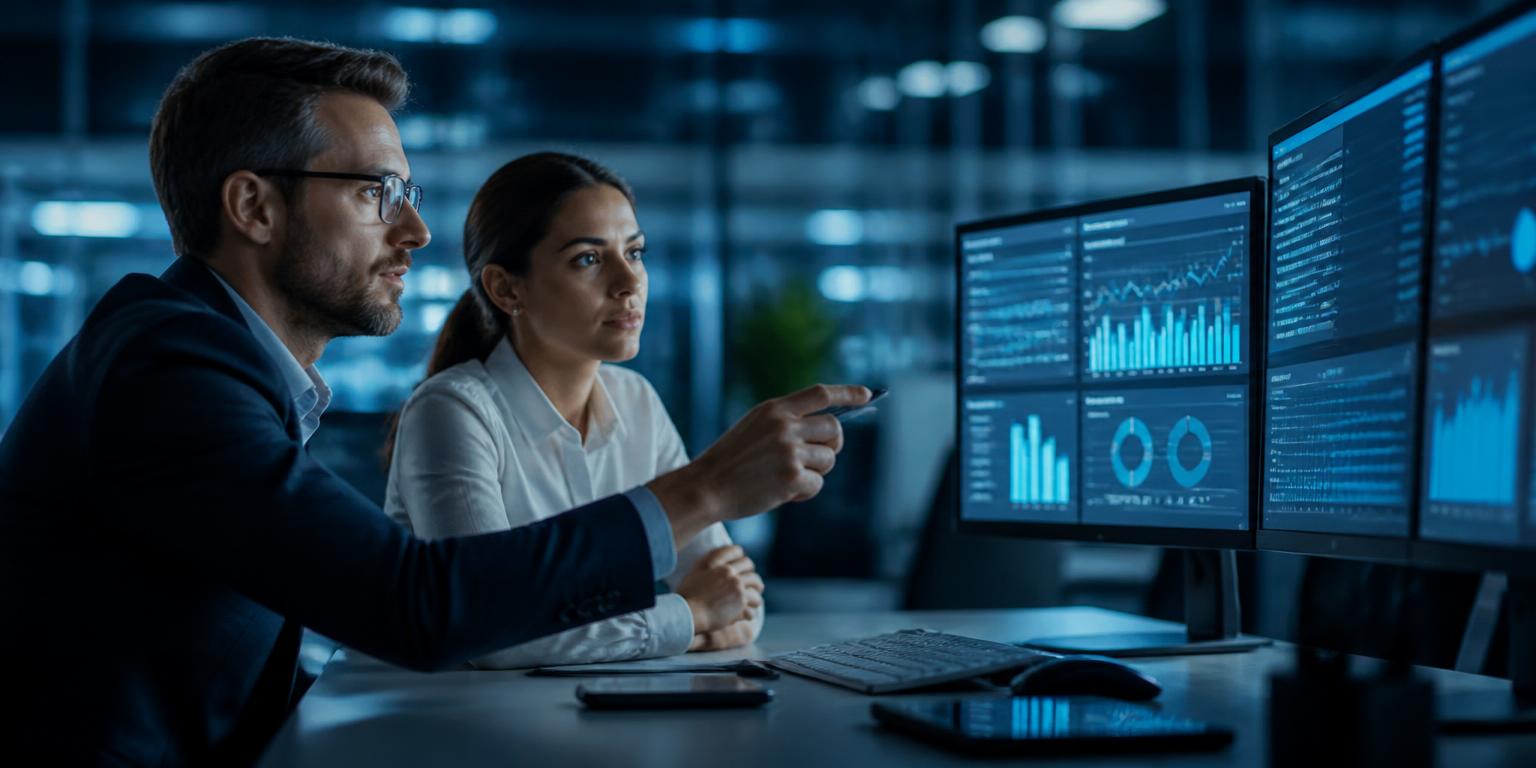 AIVS consultants analysing data dashboards in the office