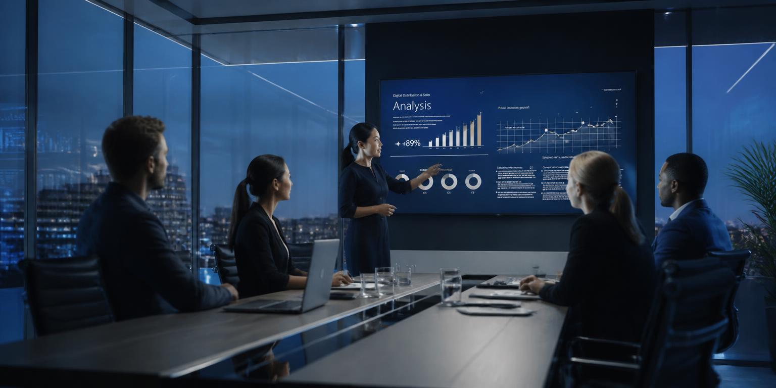 Leadership team discussing an AI Visibility report in a meeting room