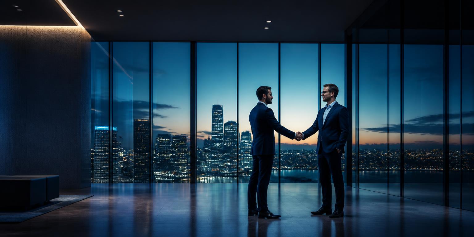 Two business partners shaking hands in a modern office